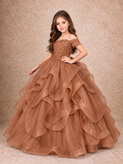 3D Floral Girls Pageant Dresses Off Shoulder Ruffled Tulle Princess Gown for Wedding Birthday Party
