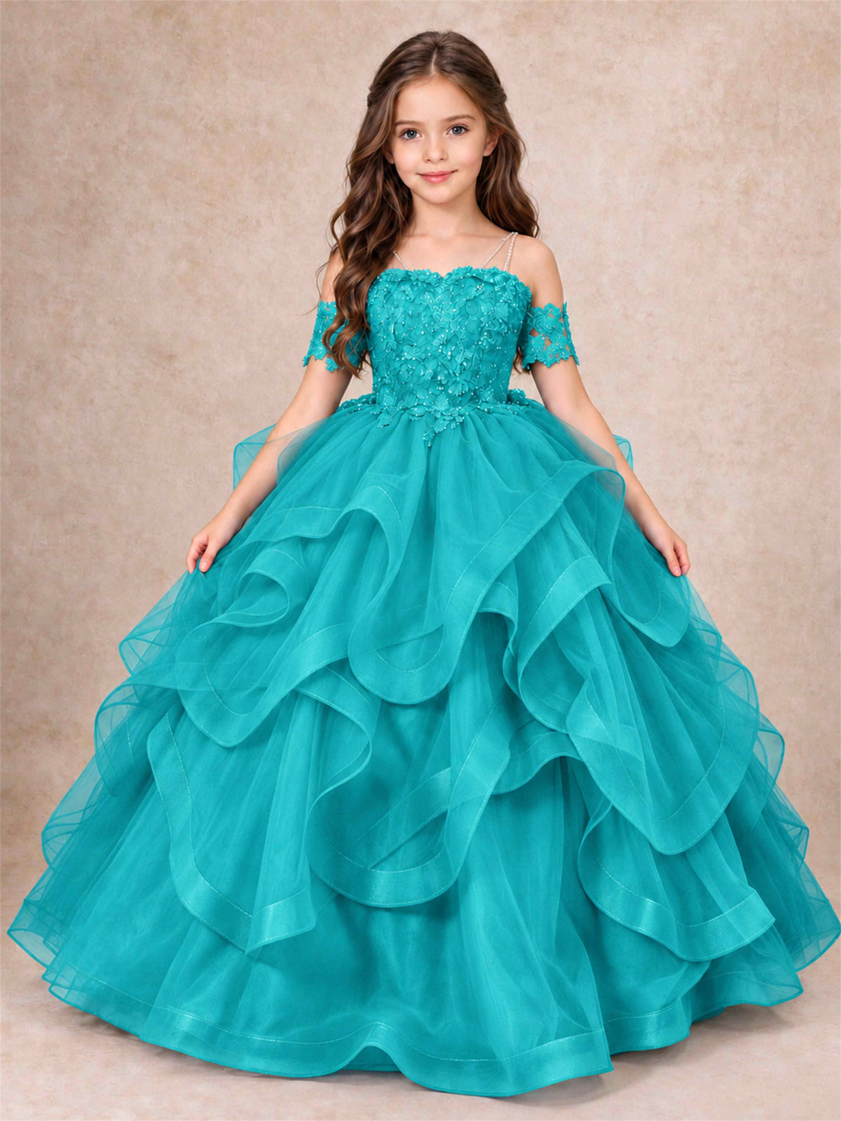 3D Floral Girls Pageant Dresses Off Shoulder Ruffled Tulle Princess Gown for Wedding Birthday Party