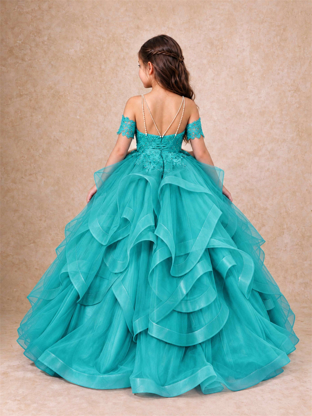 3D Floral Girls Pageant Dresses Off Shoulder Ruffled Tulle Princess Gown for Wedding Birthday Party