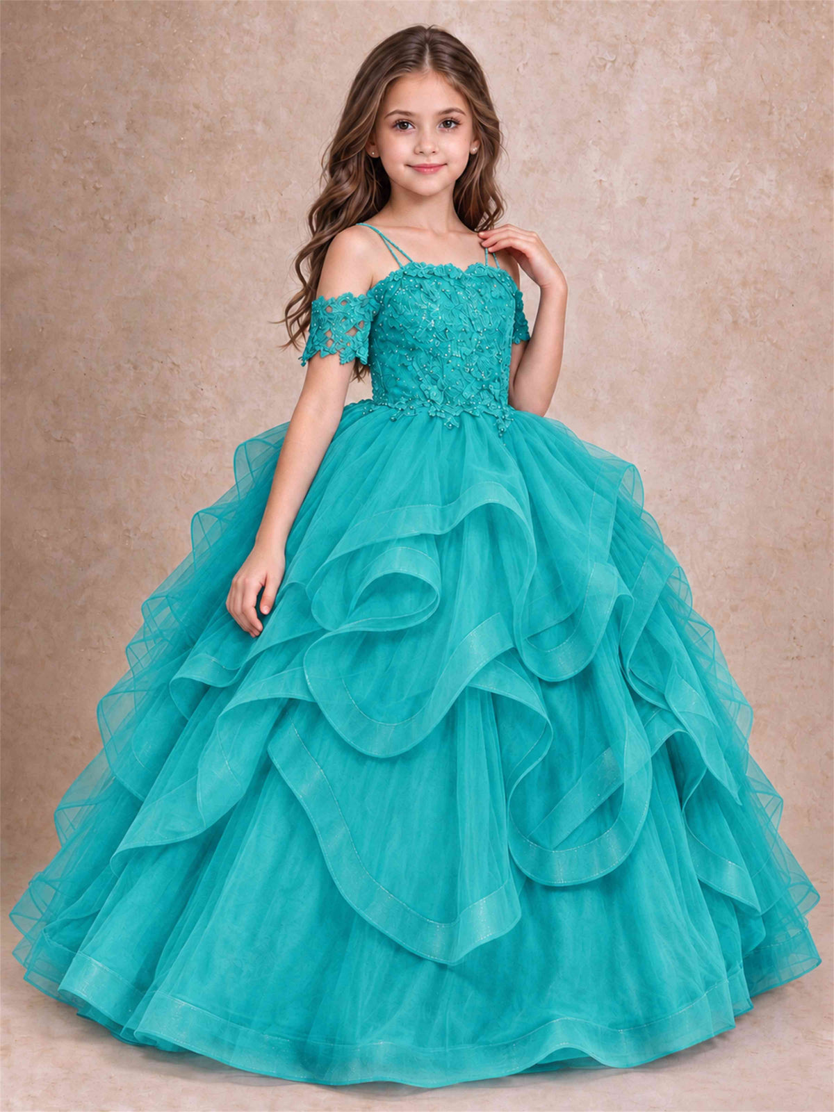 3D Floral Girls Pageant Dresses Off Shoulder Ruffled Tulle Princess Gown for Wedding Birthday Party