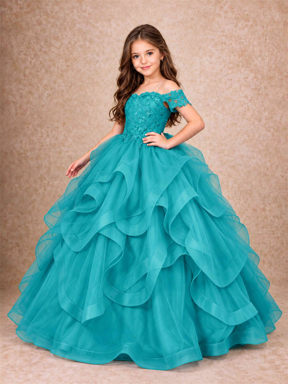 3D Floral Girls Pageant Dresses Off Shoulder Ruffled Tulle Princess Gown for Wedding Birthday Party