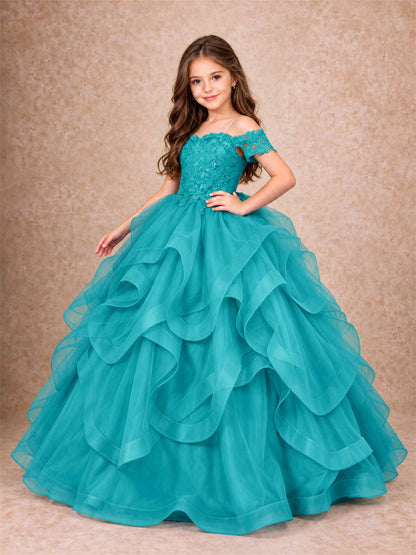 3D Floral Girls Pageant Dresses Off Shoulder Ruffled Tulle Princess Gown for Wedding Birthday Party