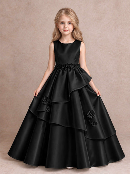 3D Floral Ruffled Satin Flower Girl Dress Floor Length Princess Gown for Wedding First Communion