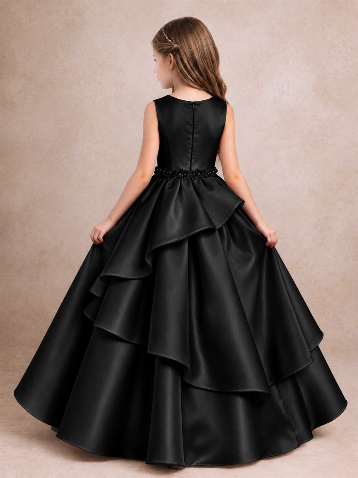 3D Floral Ruffled Satin Flower Girl Dress Floor Length Princess Gown for Wedding First Communion