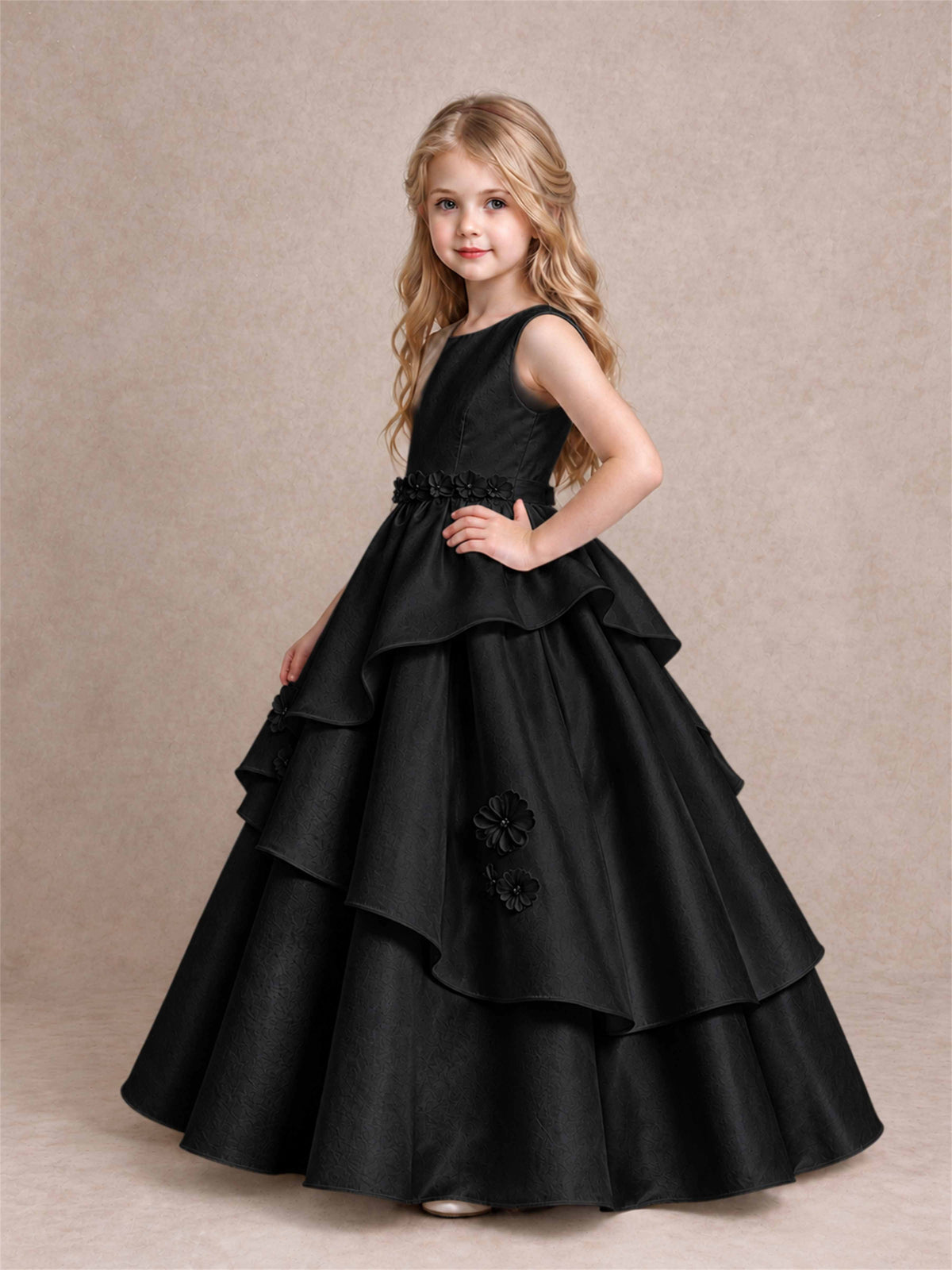 3D Floral Ruffled Satin Flower Girl Dress Floor Length Princess Gown for Wedding First Communion