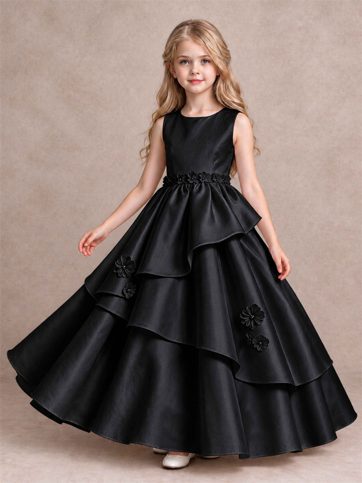 3D Floral Ruffled Satin Flower Girl Dress Floor Length Princess Gown for Wedding First Communion