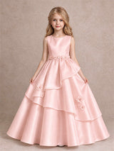 3D Floral Ruffled Satin Flower Girl Dress Floor Length Princess Gown for Wedding First Communion