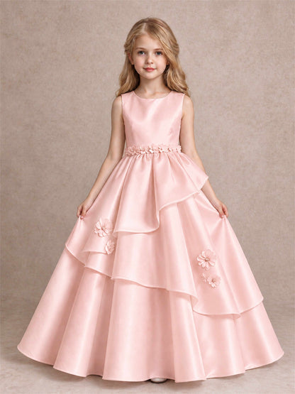 3D Floral Ruffled Satin Flower Girl Dress Floor Length Princess Gown for Wedding First Communion