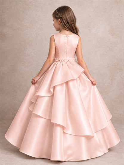 3D Floral Ruffled Satin Flower Girl Dress Floor Length Princess Gown for Wedding First Communion