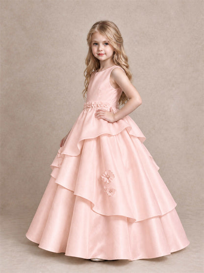 3D Floral Ruffled Satin Flower Girl Dress Floor Length Princess Gown for Wedding First Communion