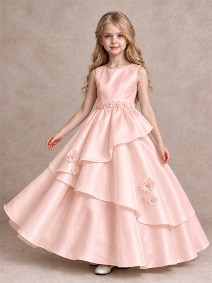 3D Floral Ruffled Satin Flower Girl Dress Floor Length Princess Gown for Wedding First Communion