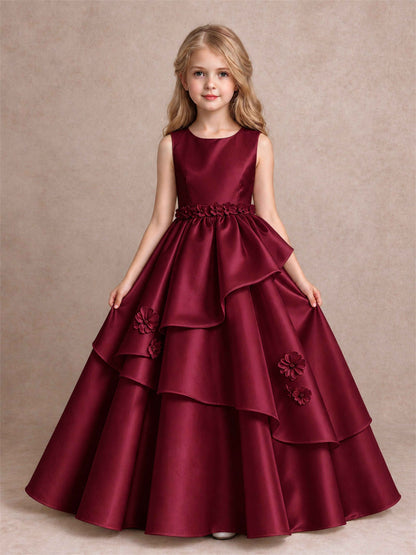 3D Floral Ruffled Satin Flower Girl Dress Floor Length Princess Gown for Wedding First Communion