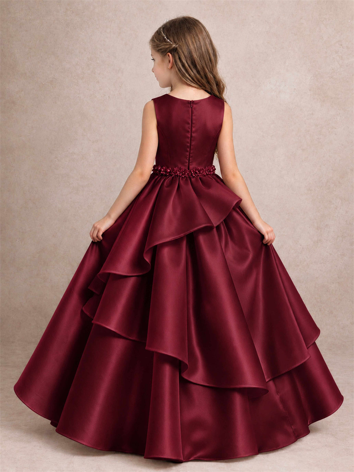 3D Floral Ruffled Satin Flower Girl Dress Floor Length Princess Gown for Wedding First Communion