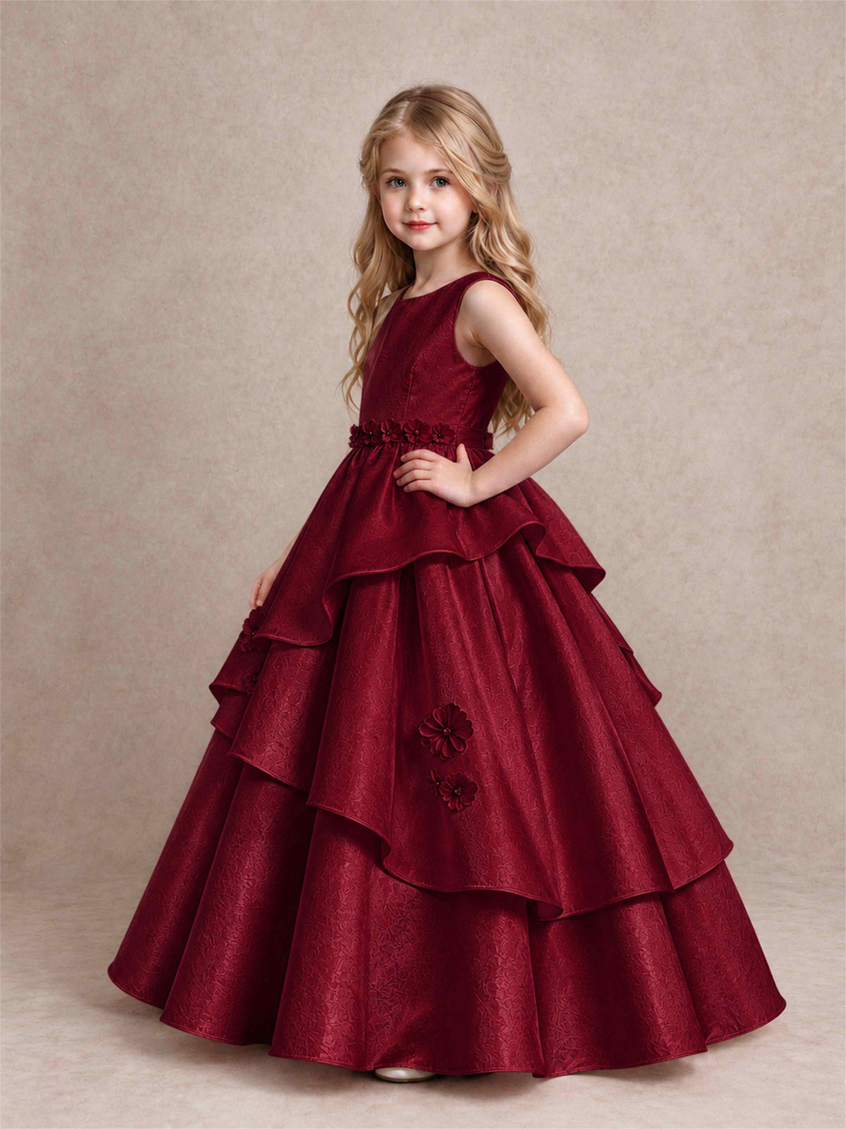 3D Floral Ruffled Satin Flower Girl Dress Floor Length Princess Gown for Wedding First Communion