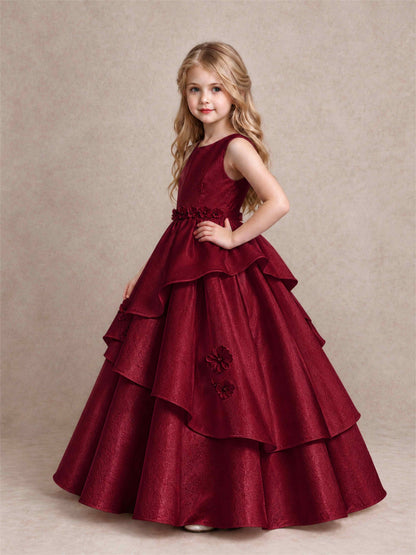 3D Floral Ruffled Satin Flower Girl Dress Floor Length Princess Gown for Wedding First Communion