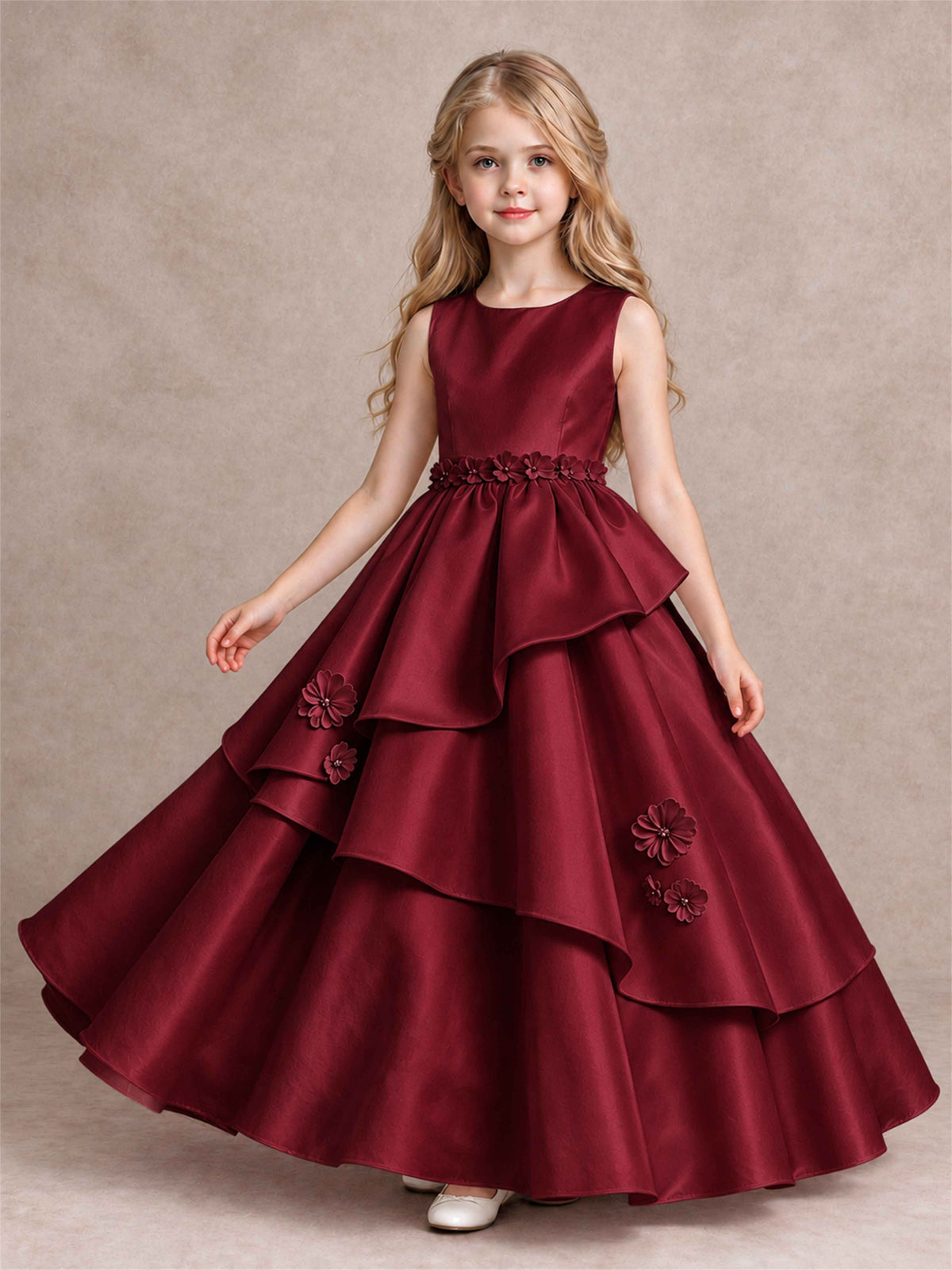 3D Floral Ruffled Satin Flower Girl Dress Floor Length Princess Gown for Wedding First Communion