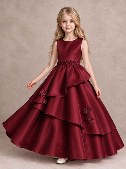 3D Floral Ruffled Satin Flower Girl Dress Floor Length Princess Gown for Wedding First Communion