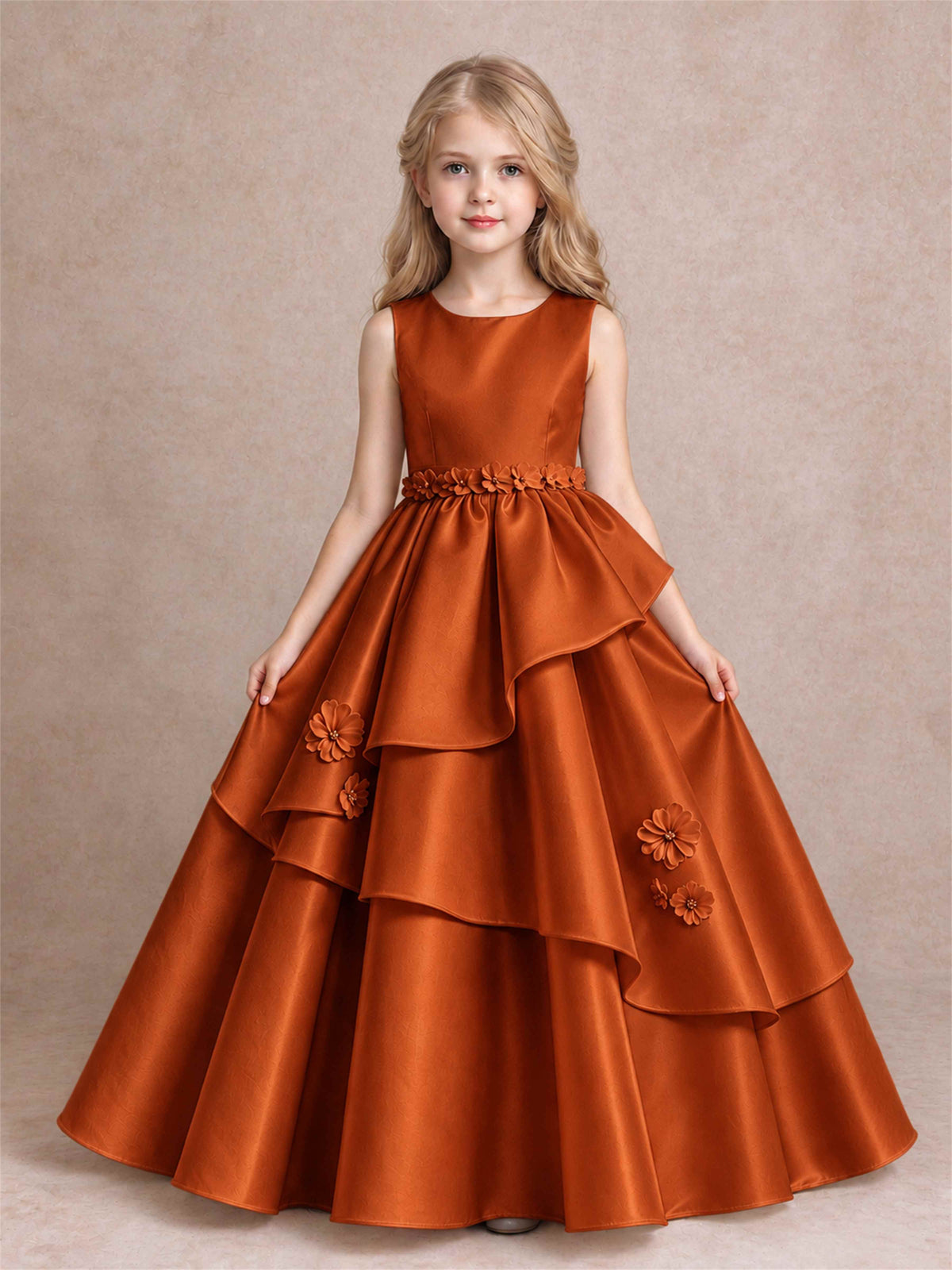 3D Floral Ruffled Satin Flower Girl Dress Floor Length Princess Gown for Wedding First Communion