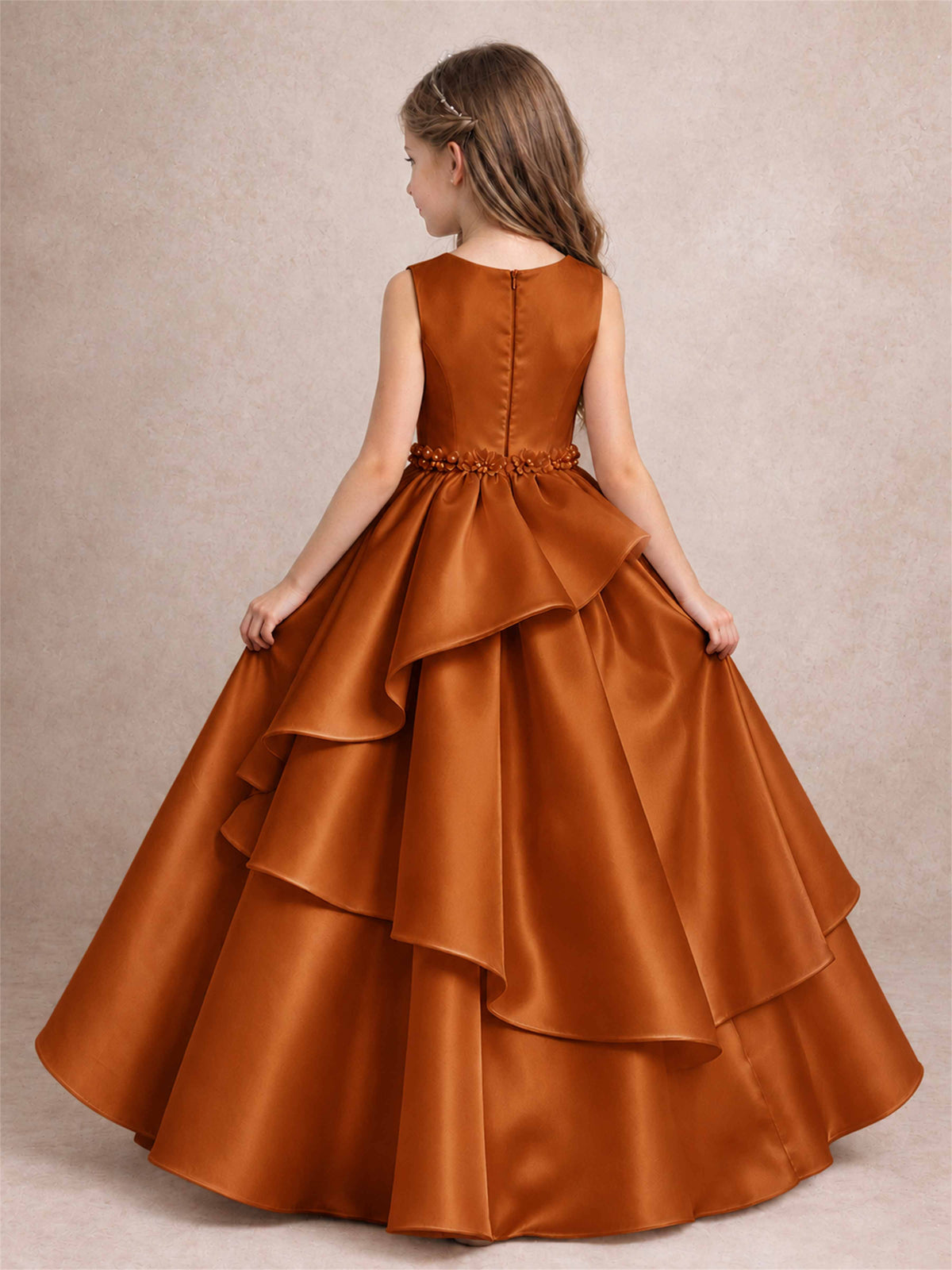 3D Floral Ruffled Satin Flower Girl Dress Floor Length Princess Gown for Wedding First Communion