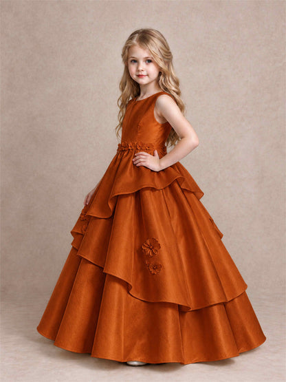 3D Floral Ruffled Satin Flower Girl Dress Floor Length Princess Gown for Wedding First Communion