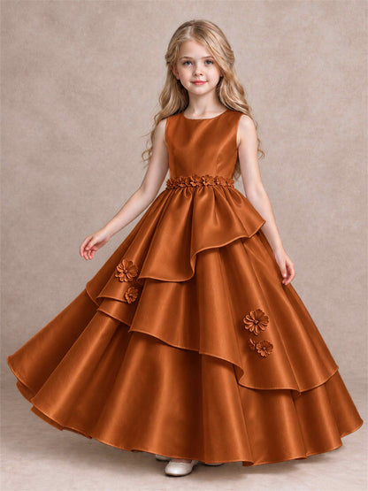3D Floral Ruffled Satin Flower Girl Dress Floor Length Princess Gown for Wedding First Communion