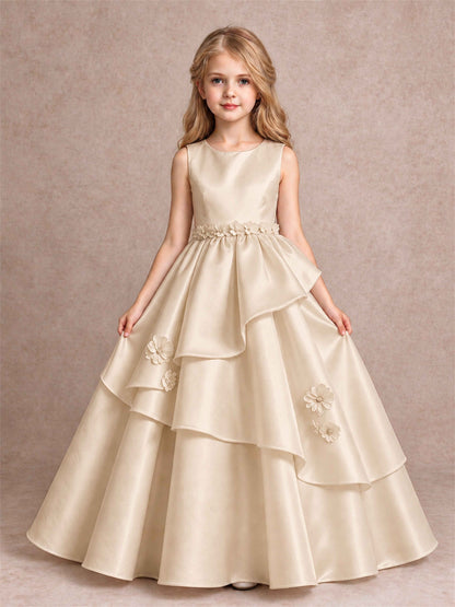 3D Floral Ruffled Satin Flower Girl Dress Floor Length Princess Gown for Wedding First Communion