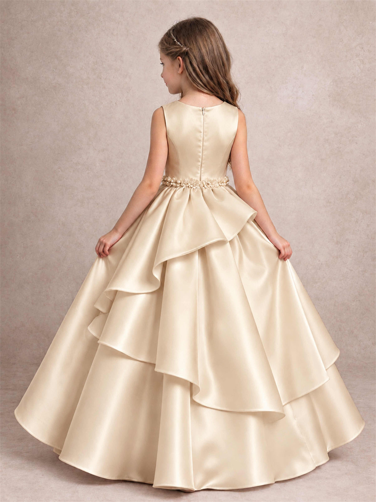 3D Floral Ruffled Satin Flower Girl Dress Floor Length Princess Gown for Wedding First Communion