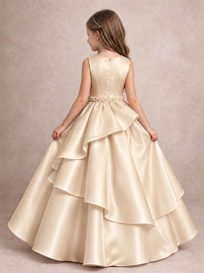 3D Floral Ruffled Satin Flower Girl Dress Floor Length Princess Gown for Wedding First Communion