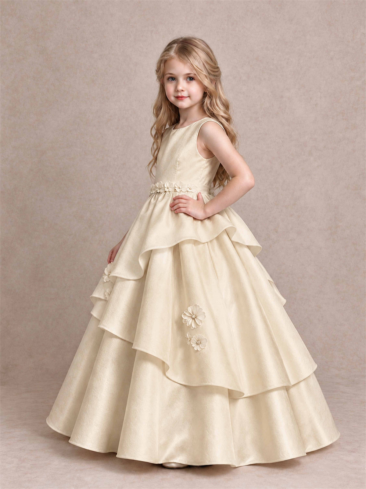 3D Floral Ruffled Satin Flower Girl Dress Floor Length Princess Gown for Wedding First Communion