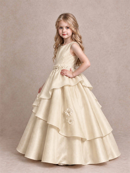 3D Floral Ruffled Satin Flower Girl Dress Floor Length Princess Gown for Wedding First Communion