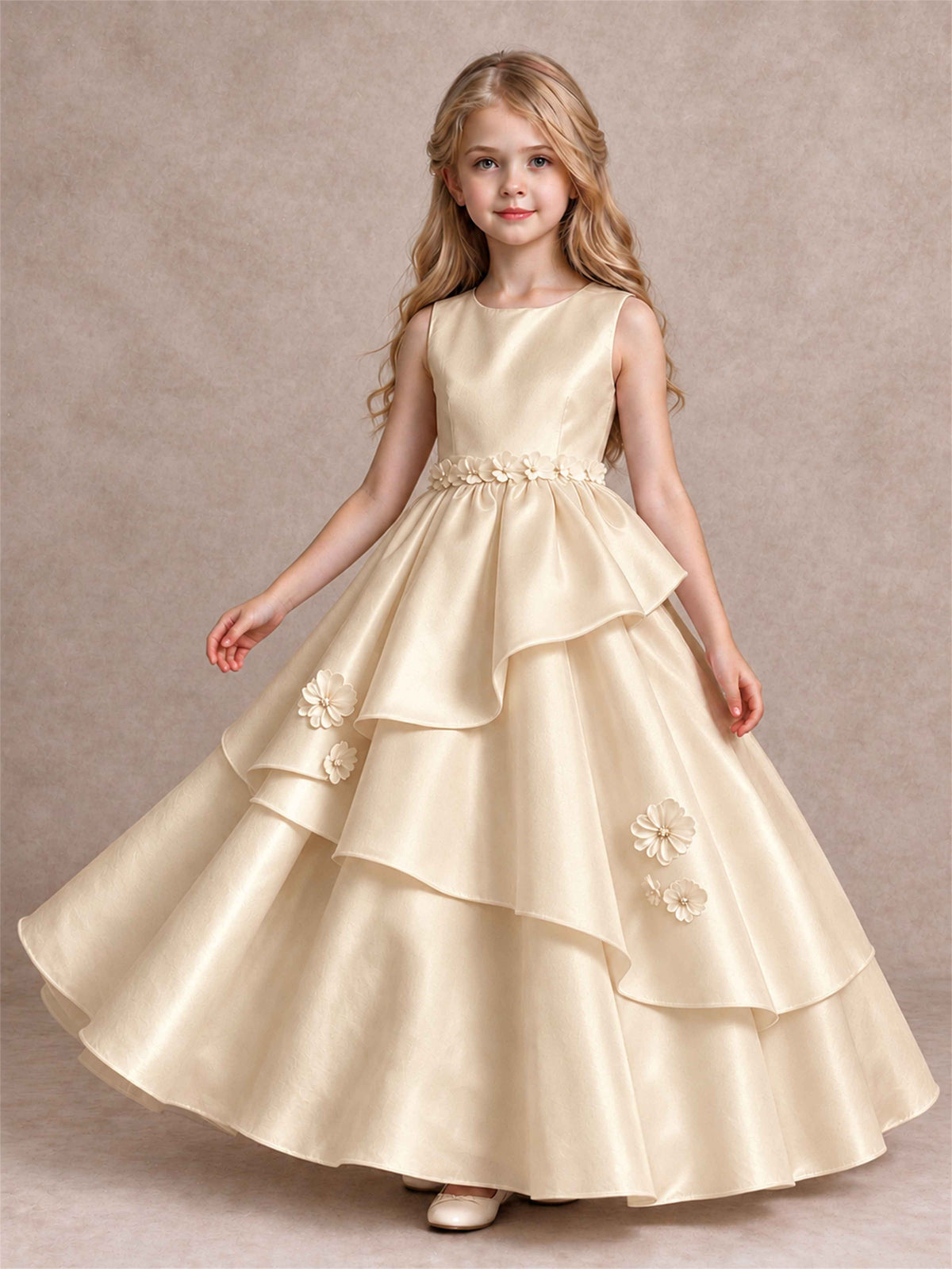 3D Floral Ruffled Satin Flower Girl Dress Floor Length Princess Gown for Wedding First Communion