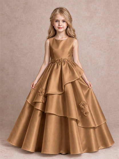 3D Floral Ruffled Satin Flower Girl Dress Floor Length Princess Gown for Wedding First Communion