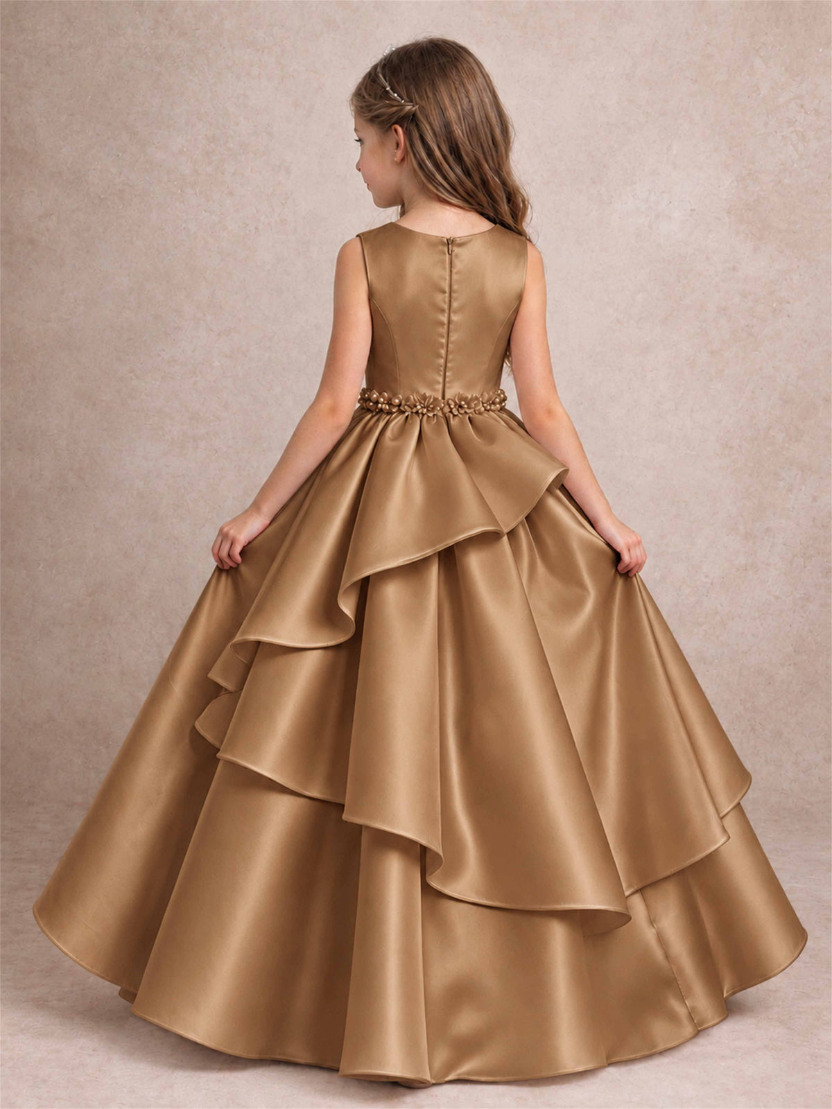3D Floral Ruffled Satin Flower Girl Dress Floor Length Princess Gown for Wedding First Communion