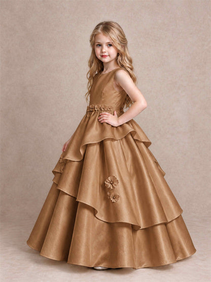 3D Floral Ruffled Satin Flower Girl Dress Floor Length Princess Gown for Wedding First Communion