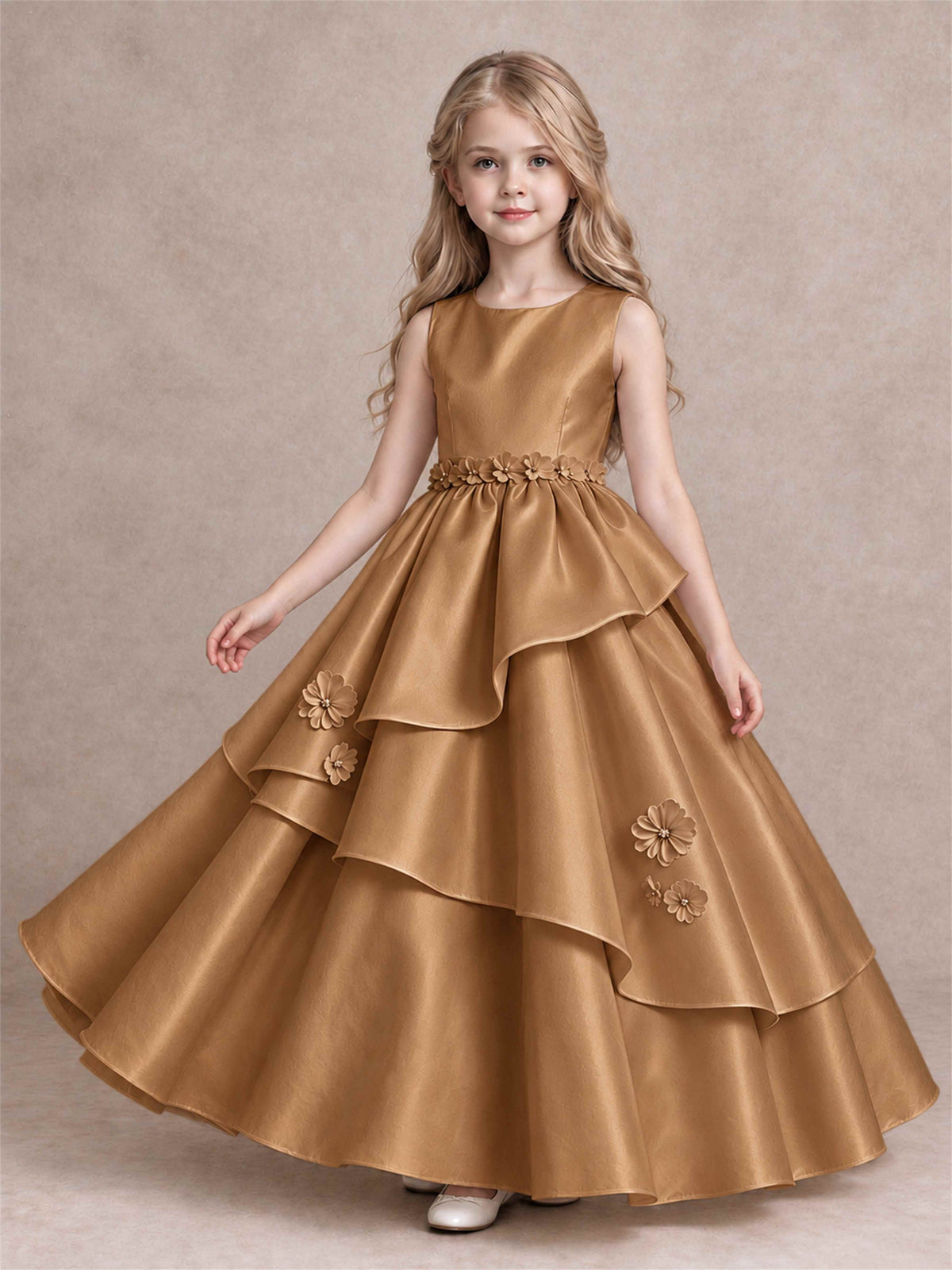 3D Floral Ruffled Satin Flower Girl Dress Floor Length Princess Gown for Wedding First Communion
