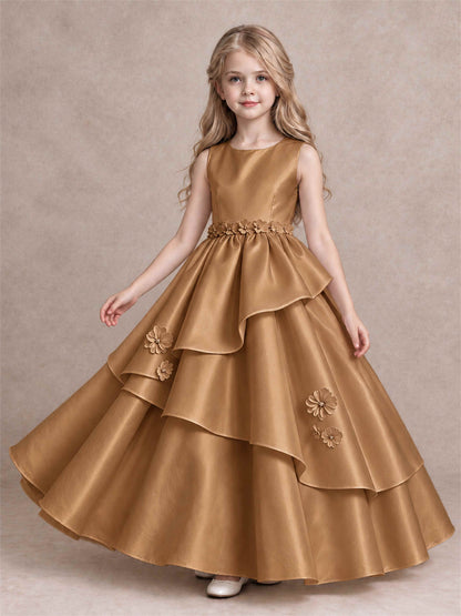 3D Floral Ruffled Satin Flower Girl Dress Floor Length Princess Gown for Wedding First Communion