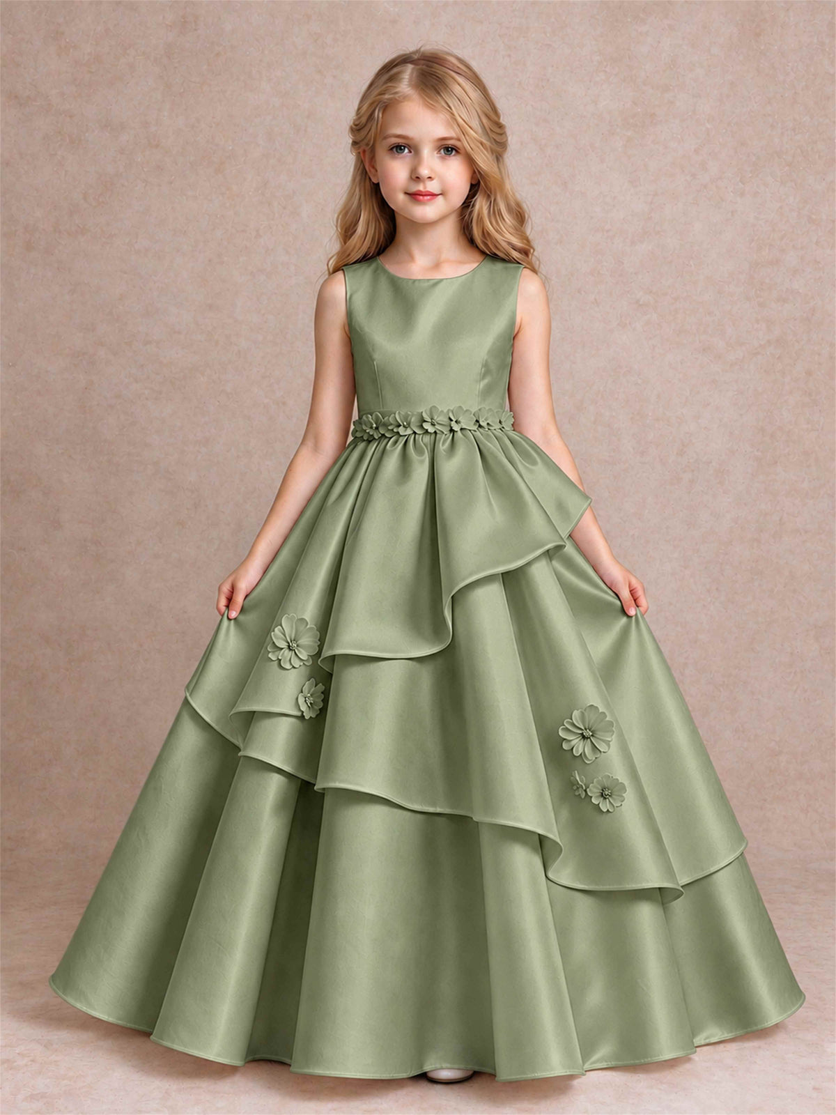 3D Floral Ruffled Satin Flower Girl Dress Floor Length Princess Gown for Wedding First Communion