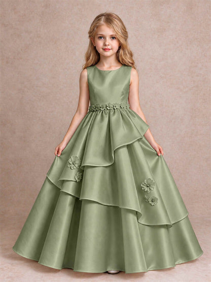 3D Floral Ruffled Satin Flower Girl Dress Floor Length Princess Gown for Wedding First Communion