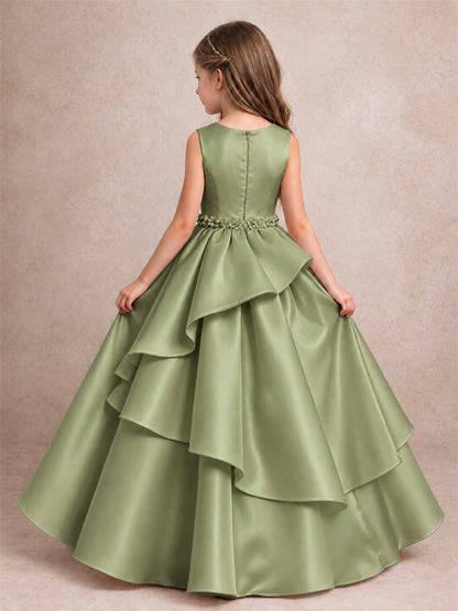 3D Floral Ruffled Satin Flower Girl Dress Floor Length Princess Gown for Wedding First Communion