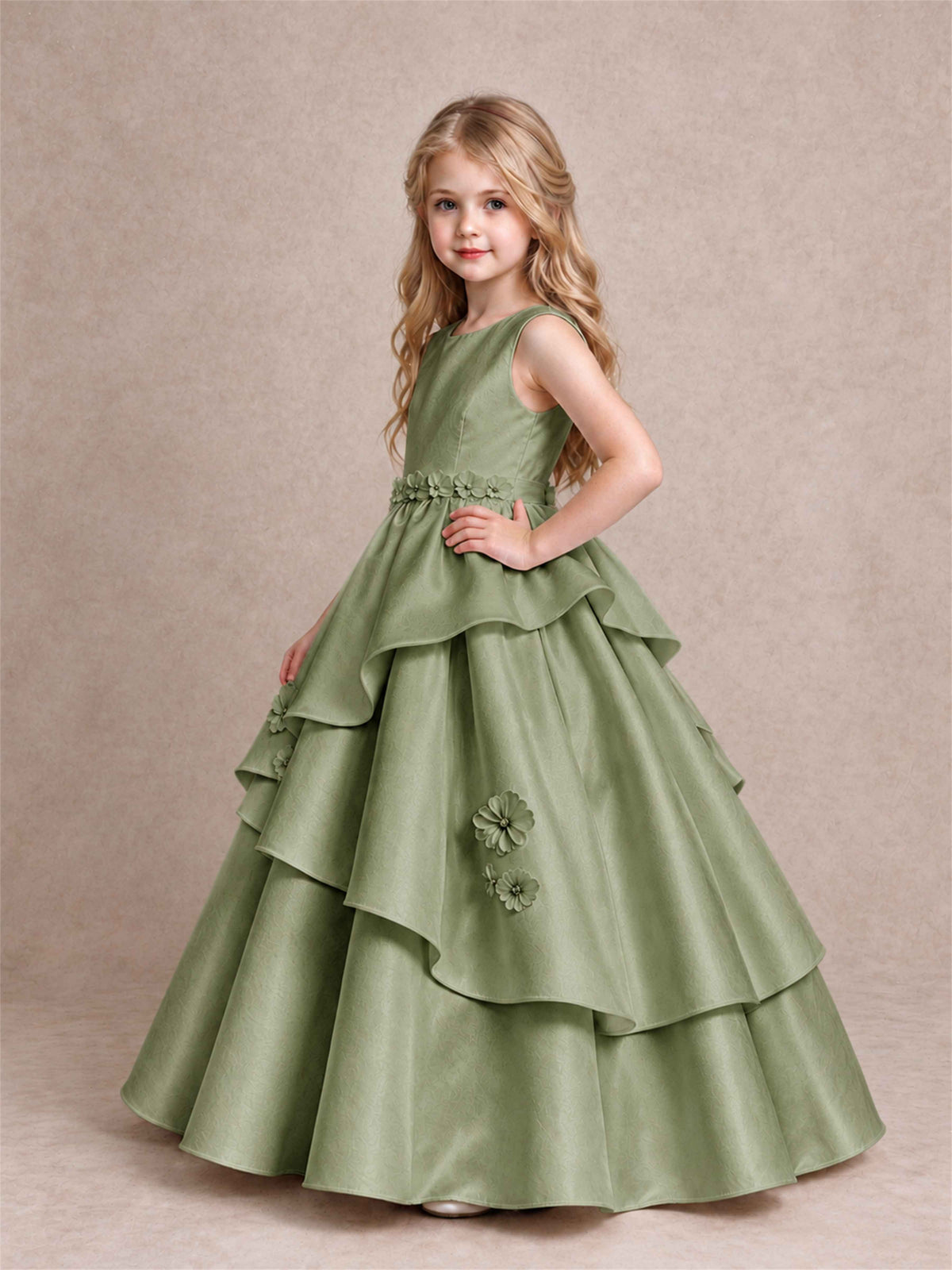 3D Floral Ruffled Satin Flower Girl Dress Floor Length Princess Gown for Wedding First Communion