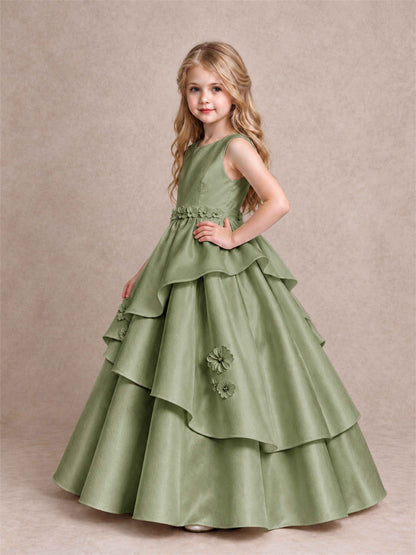 3D Floral Ruffled Satin Flower Girl Dress Floor Length Princess Gown for Wedding First Communion