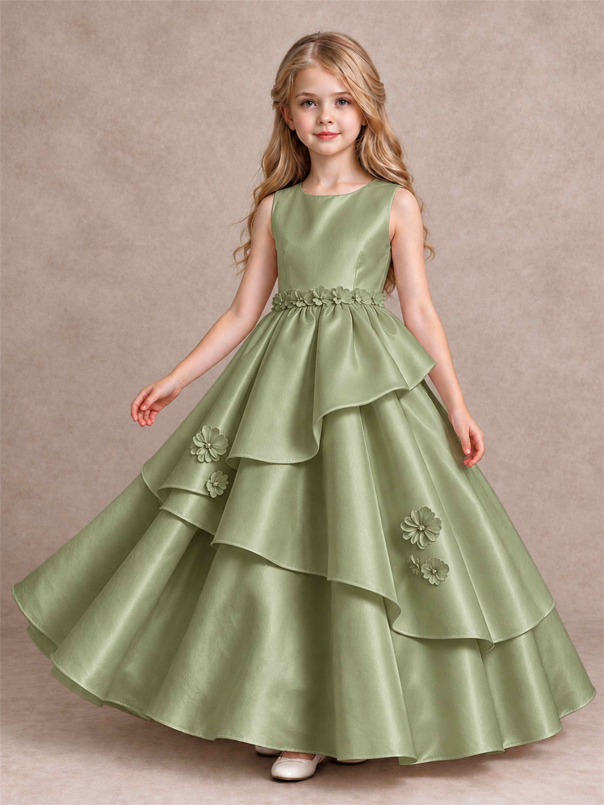 3D Floral Ruffled Satin Flower Girl Dress Floor Length Princess Gown for Wedding First Communion