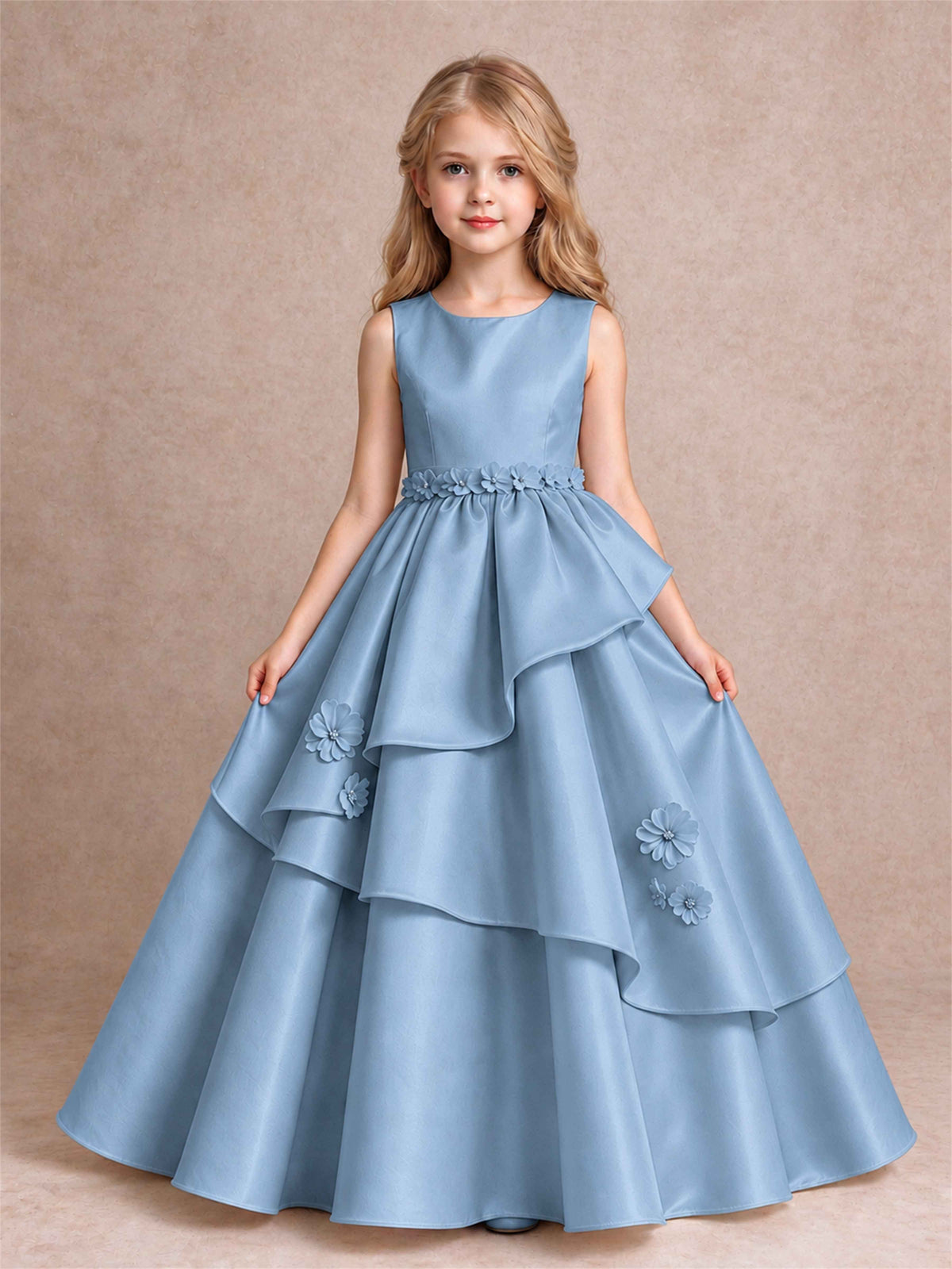 3D Floral Ruffled Satin Flower Girl Dress Floor Length Princess Gown for Wedding First Communion