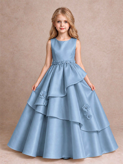 3D Floral Ruffled Satin Flower Girl Dress Floor Length Princess Gown for Wedding First Communion