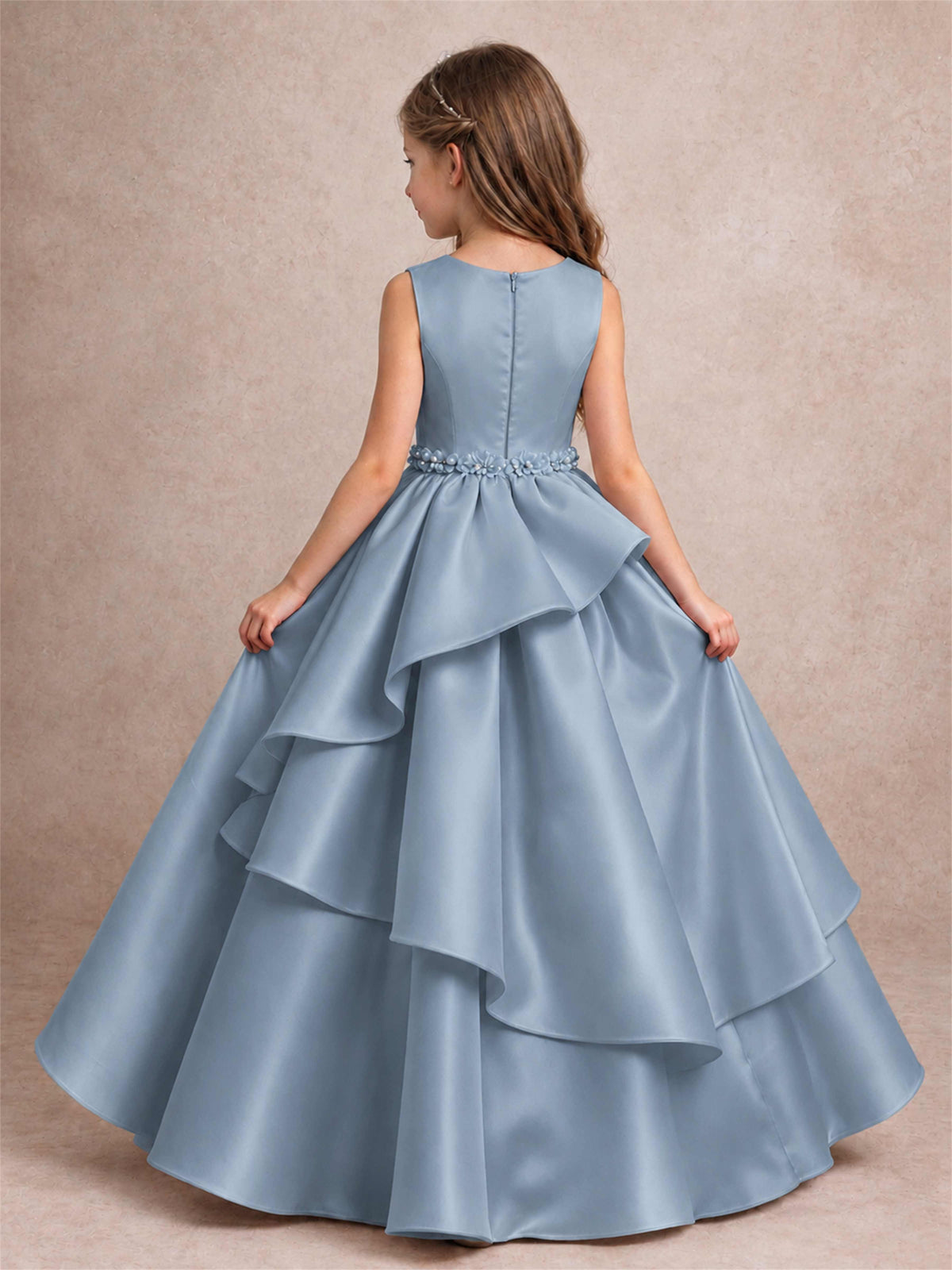 3D Floral Ruffled Satin Flower Girl Dress Floor Length Princess Gown for Wedding First Communion