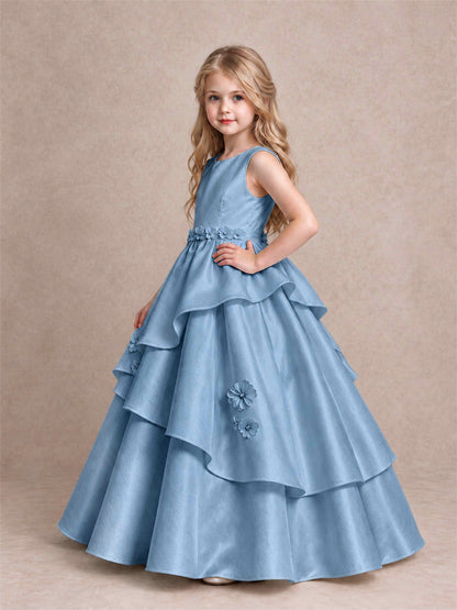 3D Floral Ruffled Satin Flower Girl Dress Floor Length Princess Gown for Wedding First Communion