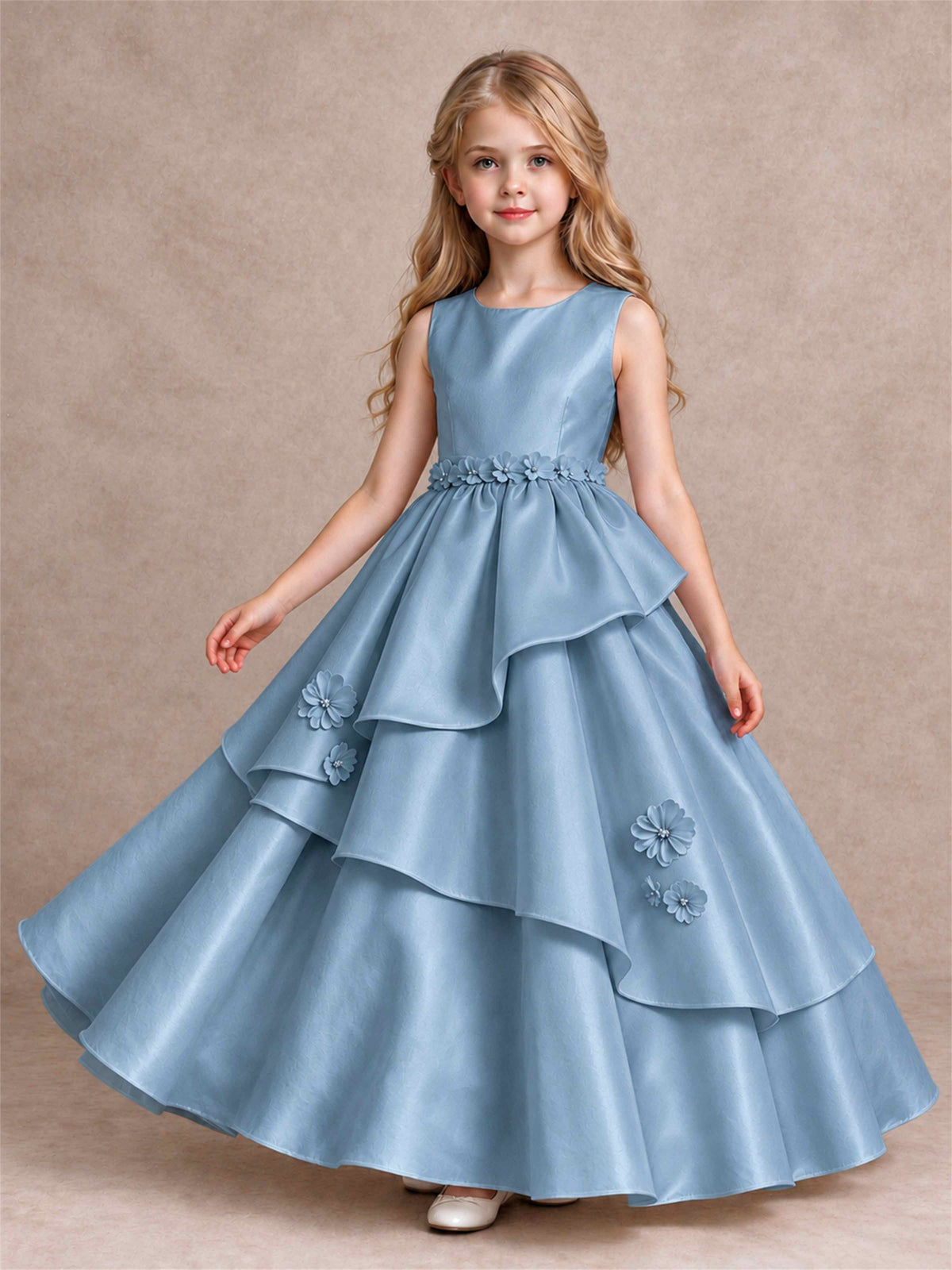 3D Floral Ruffled Satin Flower Girl Dress Floor Length Princess Gown for Wedding First Communion
