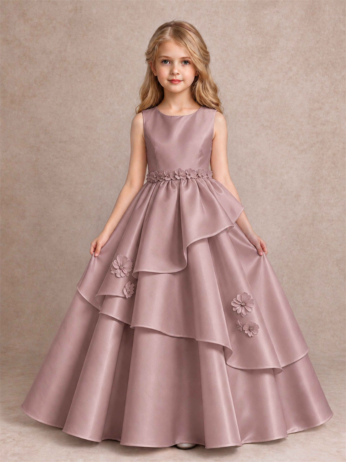 3D Floral Ruffled Satin Flower Girl Dress Floor Length Princess Gown for Wedding First Communion