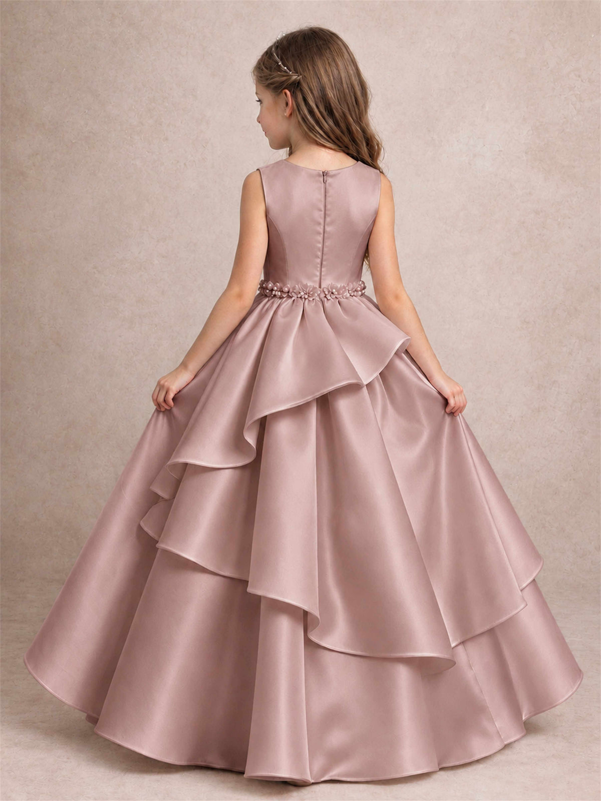 3D Floral Ruffled Satin Flower Girl Dress Floor Length Princess Gown for Wedding First Communion