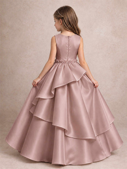 3D Floral Ruffled Satin Flower Girl Dress Floor Length Princess Gown for Wedding First Communion